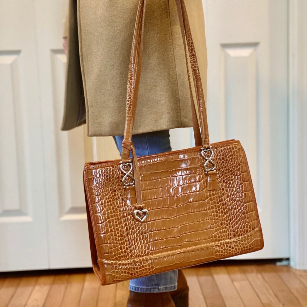 Brighton Amber Leather Snakeskin Shoulder Tote Bag